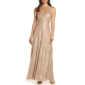 Lulu’s Gold Sequin Maxi Dress V-Neck Front Small